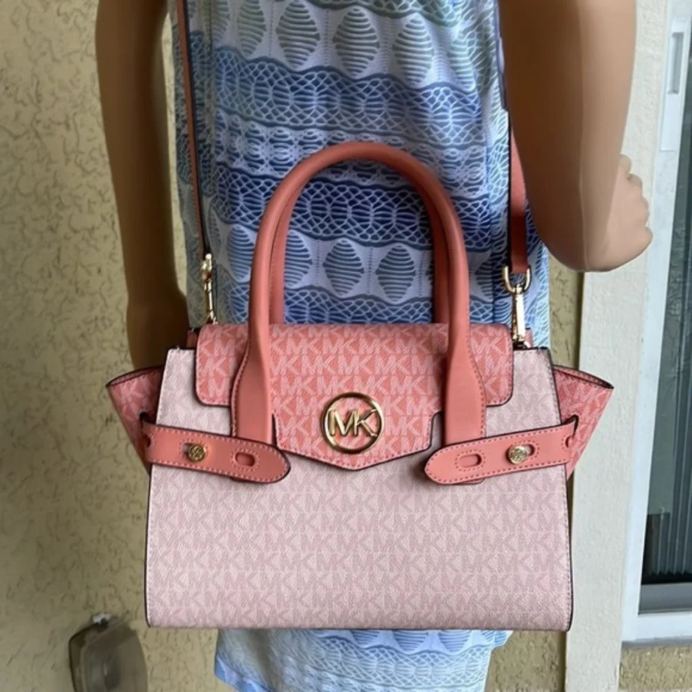 Michael Kors Carmen Medium Color-Block Logo Flap Satchel Sherbert